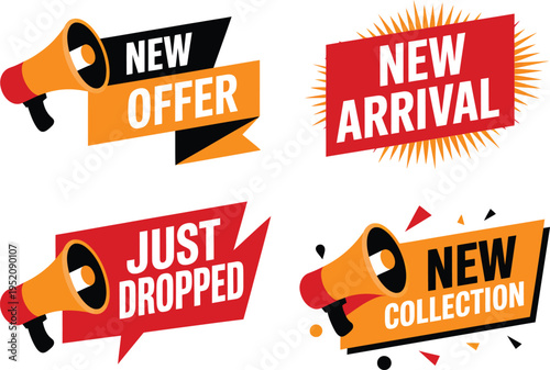 New offer and new arrival promotional badges collection with megaphone icons. Marketing sale tag vector
