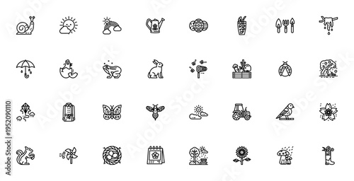 Spring icon set. Vector illustration pack featuring snail, rainbow, Easter egg, butterfly, bee, flower, gardening tools and more seasonal elements. Editable stroke.