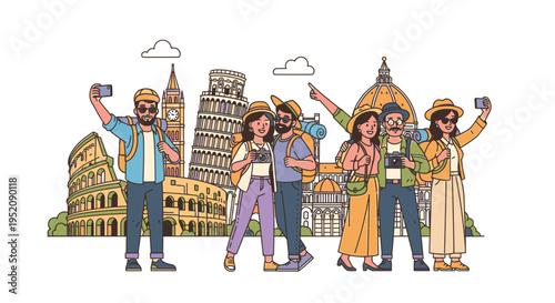 Illustration of a diverse group of tourists taking selfies with famous landmarks in the background, conveying a sense of travel and exploration with vibrant colors.