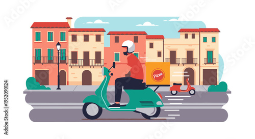 Illustration of a delivery person riding a green scooter past buildings on a city street with a yellow package.