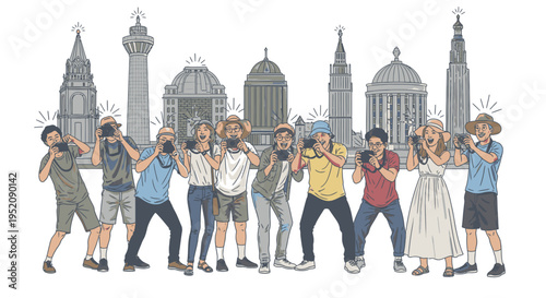 Illustration of a diverse group of tourists taking photos with a city skyline in the background with gray buildings.