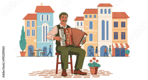 Illustration of a man playing an accordion while sitting on a stool in front of colorful buildings with a potted plant nearby.
