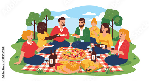 A group of diverse adults sitting on a picnic blanket eating pizza and drinks in a park with trees and mountains in the background.