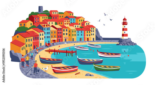 Illustration of a colorful coastal town with a lighthouse, boats on the beach, and buildings on a hillside, against a white background.