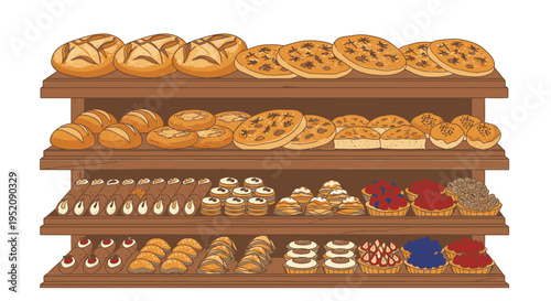 Illustration of a wooden shelf stocked with various types of bread and pastries on a white background.