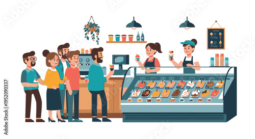 Illustration of diverse customers ordering food and interacting with a cashier at a modern fast food restaurant counter with a display case.