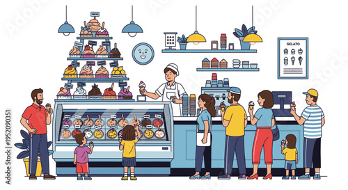 Flat illustration of a diverse group of people ordering food at a colorful ice cream counter with various toppings and desserts on display.