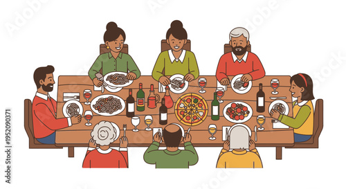 Illustration of a diverse family gathered around a long wooden table set with plates of food and drinks for a meal in a warm and inviting setting.