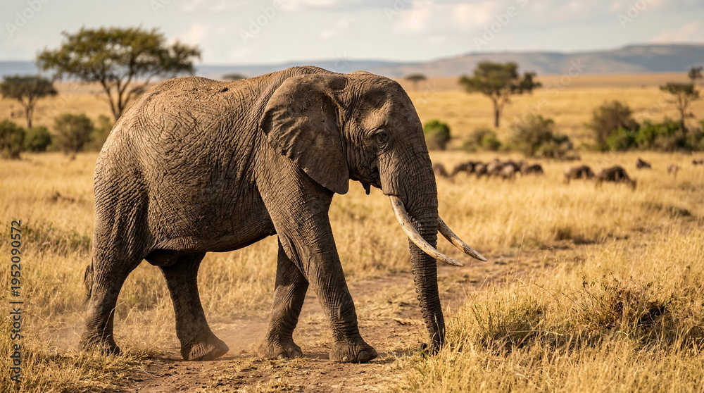 Fototapeta premium African Elephant Walking Across Golden Savannah Grassland With Long Tusks and Majestic Presence