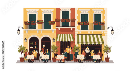 Illustration of a vibrant Italian street scene with people dining outside a restaurant and cafe, surrounded by potted plants and awnings, in warm sunny tones.