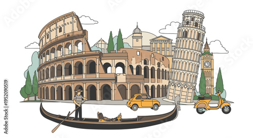 Illustration of a scenic Italian cityscape with the Colosseum, a gondola, vintage cars, and a tower, set against a white background with a mix of warm and earthy tones.