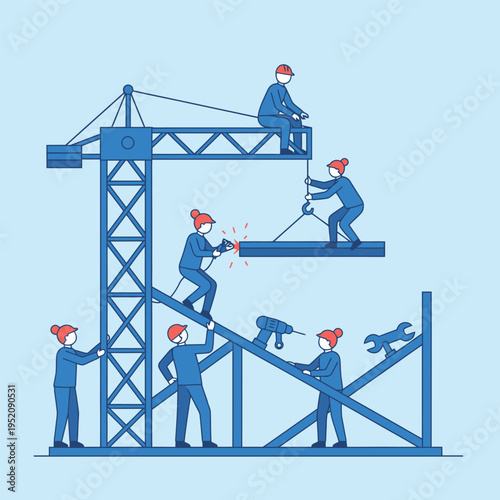 Construction workers building a structure with a crane.