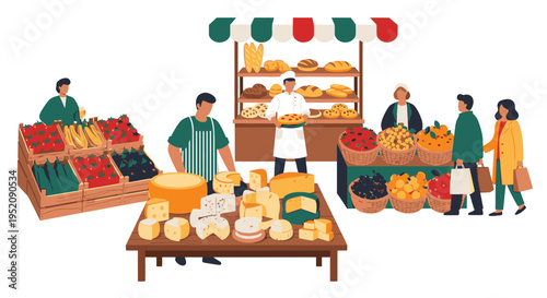 Illustration of people shopping and selling fresh produce and baked goods at an outdoor market with a vibrant and lively atmosphere.