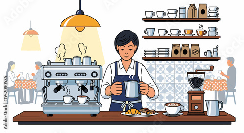 Illustration of a barista preparing coffee in a cozy cafe with a coffee machine and various coffee-making equipment on the counter.
