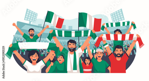 Illustration of a diverse group of soccer fans cheering with flags and banners in a stadium with a lively atmosphere.