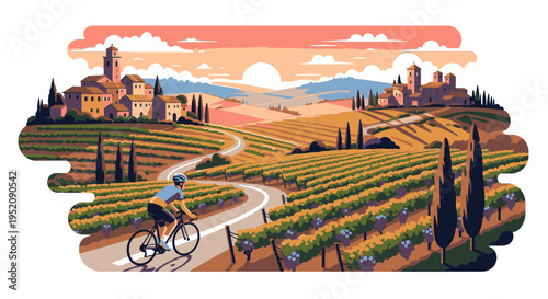 Illustration of a cyclist riding through rolling vineyards and cypress trees towards a medieval town at sunset with warm colors.
