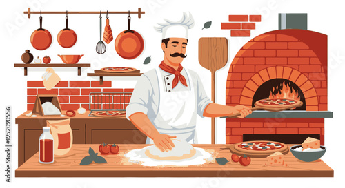 Illustration of a chef preparing pizza dough in a kitchen with a brick oven and cooking utensils.