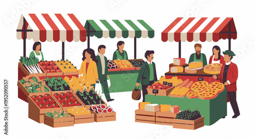Illustration of people shopping and selling fresh produce at a vibrant outdoor market with striped awnings and colorful fruit displays.