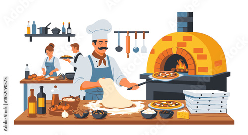 Illustration of a chef preparing pizza dough in a bustling kitchen with colleagues and a brick oven, surrounded by ingredients and cooking utensils.