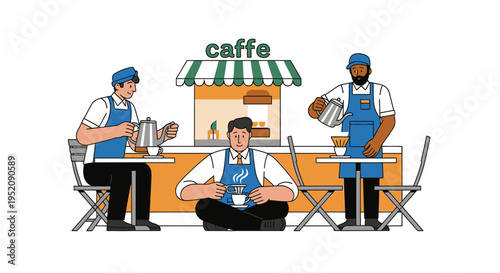 Illustration of three cafe workers in blue uniforms interacting at a yellow counter with a green and white striped awning.