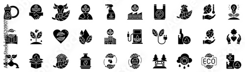 Eco Friendly World glyph style icon collection. Vector illustrations. Deal, Meat, Responsibility, Cleaner, Factory, Plastic, Poultry, Save.. Professional vectors.	
