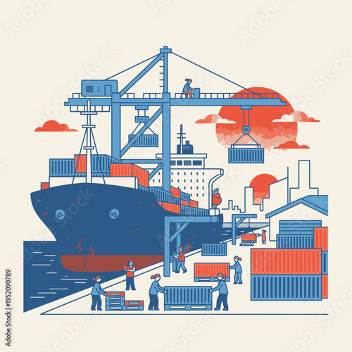 Container Ship Loading and Unloading at Port.