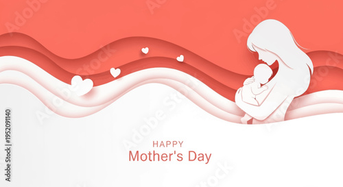 Happy Mother's Day Greeting Card with Mother Holding Baby Silhouette in Paper Cut Style. Beautiful Illustration of Motherhood on Red Wavy Background with Hearts.