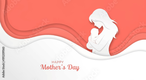 Happy Mother's Day Greeting Banner with Paper Cut Style Silhouette of Mother Holding Baby, Elegant Peach and White Background for Family Celebration and Love Concept