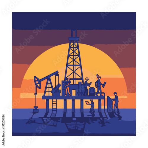 Oil Rig Workers Operating Industrial Equipment at Sunset.