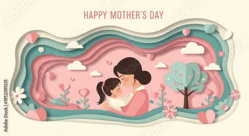 Happy Mother's Day Illustration in Paper Cut Style with Mother and Daughter Hugging, Pastel Colors with Floral and Heart Elements for Greeting Card Design
