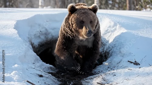 A powerful brown bear slowly emerges from its snowy den in a winter forest, signaling the end of hibernation.