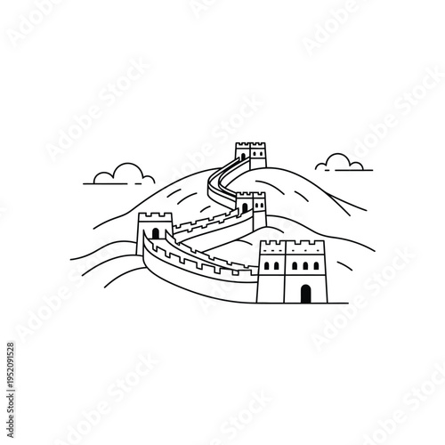 Iconic Great Wall of China winding through mountainous landscape, an architectural marvel stretching across hills under a cloudy sky