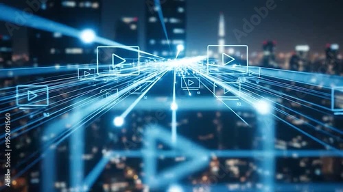 Digital network connections spread across a glowing cityscape at night