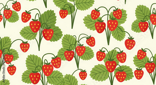Fresh Ripe Strawberries on Green Leaves Pattern.