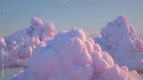 Fluffy pink clouds drift across a clear sky at dawn