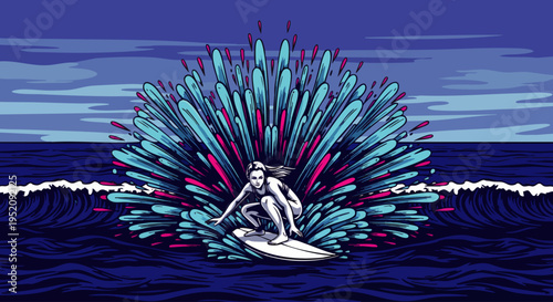 Surfer girl riding a wave with a colorful splash behind her, dynamic ocean scene, vector illustration