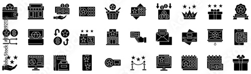 Customer Loyalty glyph style icon collection. Vector illustrations. Wallet, Shop, Salary, Stamp, Basket, Reward, Saving. Professional vectors.	
