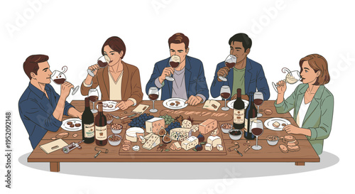 Illustration of five adults sitting around a table enjoying wine and food in a casual gathering with a warm and social mood.
