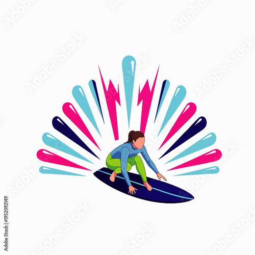 Surfer girl riding a wave with colorful abstract splashes and lightning bolts in the background, representing extreme sports and energy.