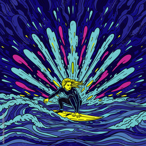 Surfer riding a wave with colorful abstract explosion behind her, dynamic and energetic water sport illustration