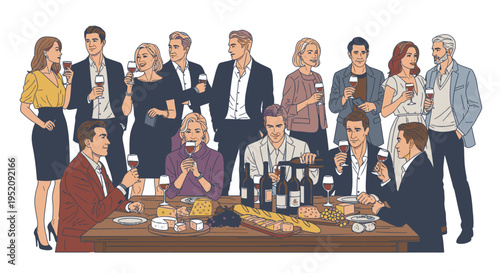 Illustration of a group of business professionals standing and sitting around a dining table with food and drinks on it in a corporate setting with a formal mood.