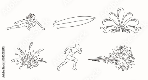 Set of line art icons depicting active lifestyle, sports, and water elements like surfing, running, and splashes