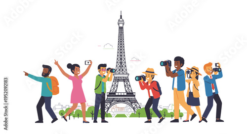 Illustration of a group of tourists taking photos and sightseeing in front of the Eiffel Tower with a colorful and lively atmosphere.