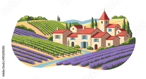 Illustration of a serene countryside village with vineyards and lavender fields in rolling hills under a clear blue sky.