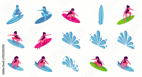 Set of isometric icons of surfers riding waves and surfboards, representing surfing and water sports