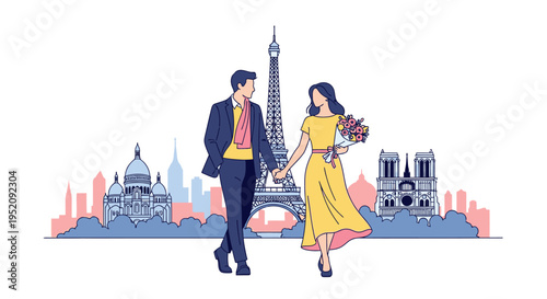 Illustration of a romantic couple walking hand in hand with the Eiffel Tower and Paris cityscape in the background, woman holding flowers, both in colorful, stylized flat design.