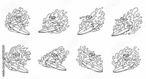Surfer Riding Wave Animation Sequence, Line Art Illustration
