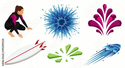 Surfer Woman in Wetsuit Ready for Waves, Surfboard, Water Splashes, and Abstract Shapes