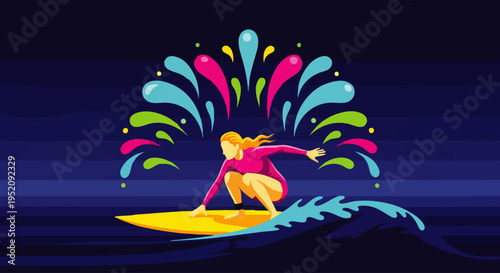 Surfer Girl Riding Wave with Colorful Water Splashes and Abstract Background