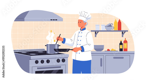 A chef in a white uniform cooking on a stove in a modern kitchen with stainless steel appliances and various ingredients on shelves.